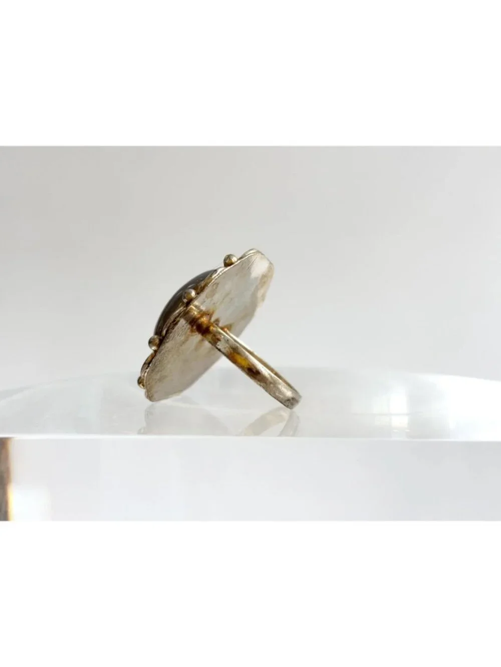 Grey Agate Cabochon Oval Stone Scalloped Sterling Silver 925 Vintage Ring - sz 9